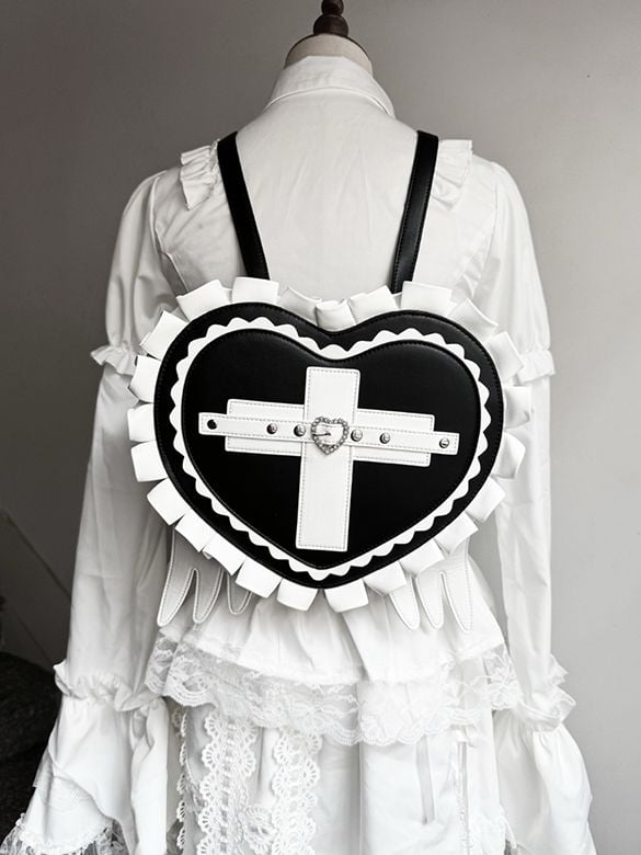 Jirai Kei Heart Backpack with Wings & Cross PU Leather in Black / Light Blue / Pink