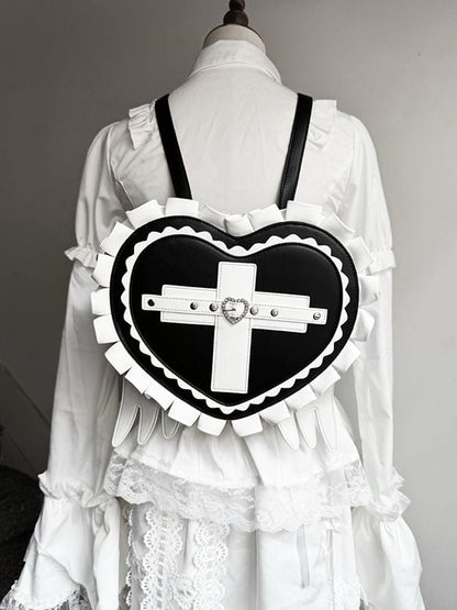 Jirai Kei Heart Backpack with Wings & Cross PU Leather in Black / Light Blue / Pink