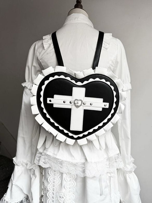 Jirai Kei Heart Backpack with Wings & Cross PU Leather in Black / Light Blue / Pink