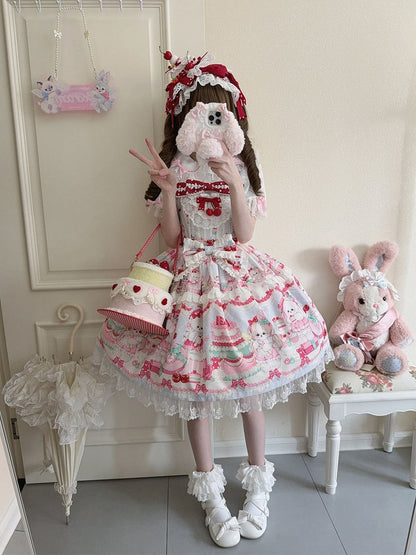 Cute Bunny and Puppy Print Blue Lolita Dress Sweet Jumper Skirt