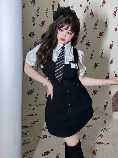 Plus Size White Puff Sleeves Shirt / Black Preppy Waistcoat