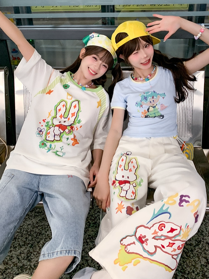 Cartoon Girl Print Blue Round Neck Cropped T-shirt with Free Necklace