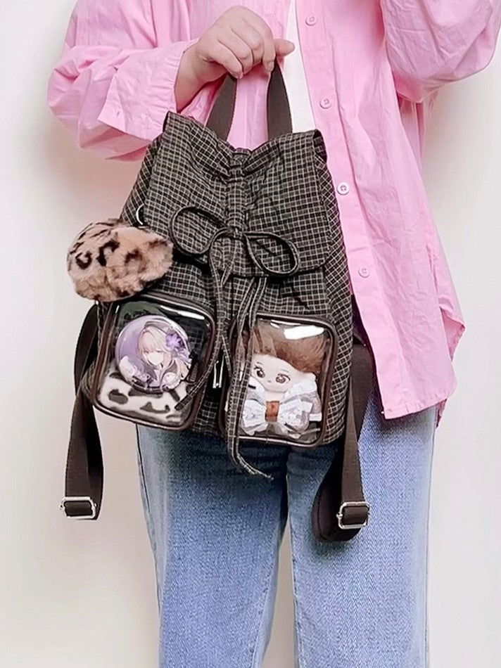 Chic Brown Mini Double-Layer Ita Bag With Charming Bow Drawstring