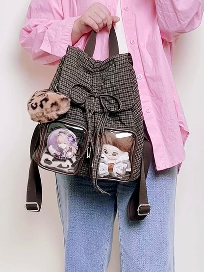 Chic Brown Mini Double-Layer Ita Bag With Charming Bow Drawstring