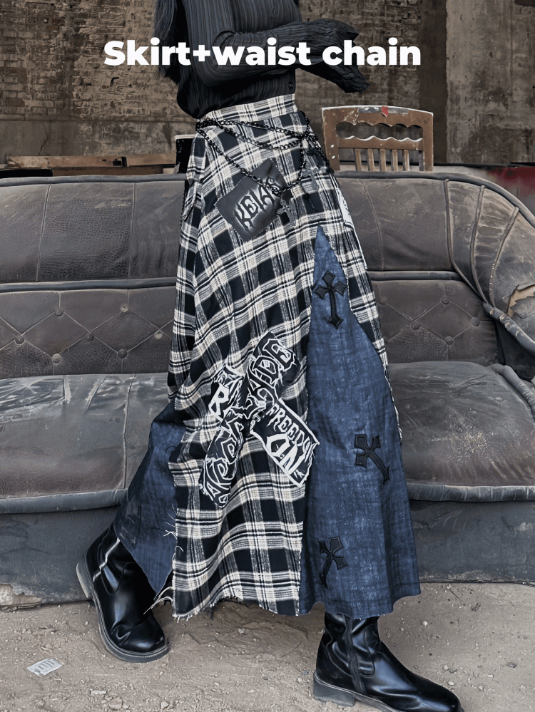 Wasteland Punk Cross Appliques Plaid Patchwork Design Skirt
