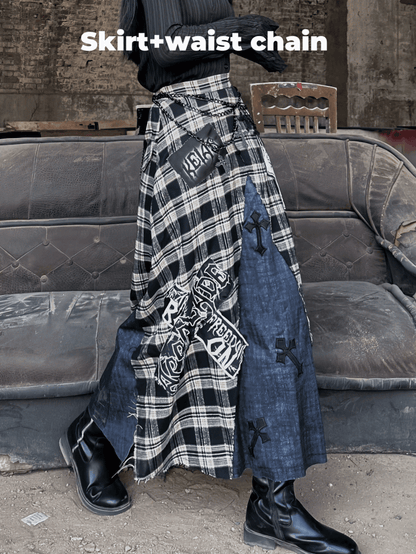 Wasteland Punk Cross Appliques Plaid Patchwork Design Skirt