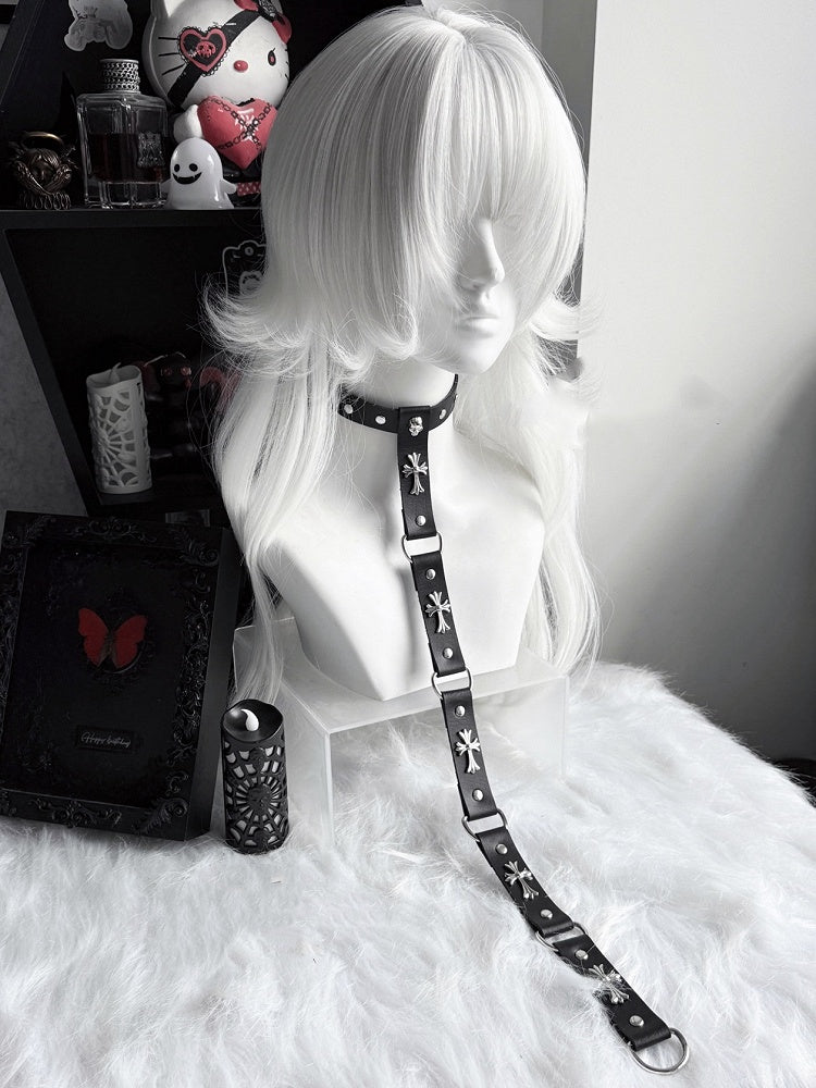 Punk Black/Red PU Cross and Stud Embellished Chain Choker
