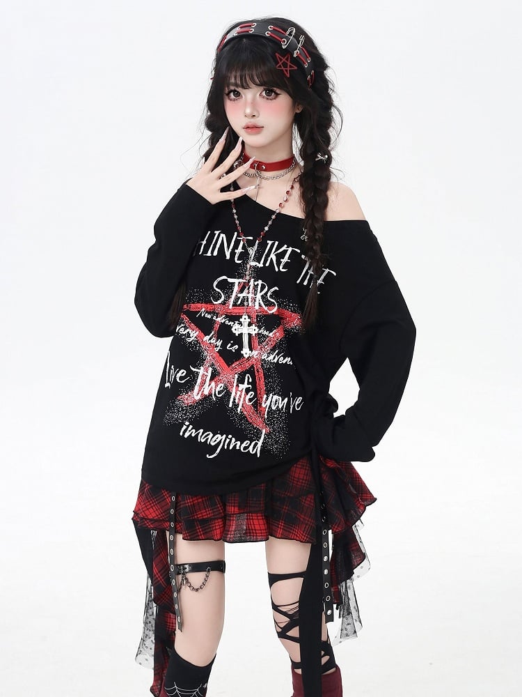 Black Asymmetrical Neckline Star Graffiti Print Loose Top