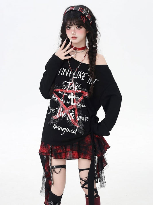 Black Asymmetrical Neckline Star Graffiti Print Loose Top