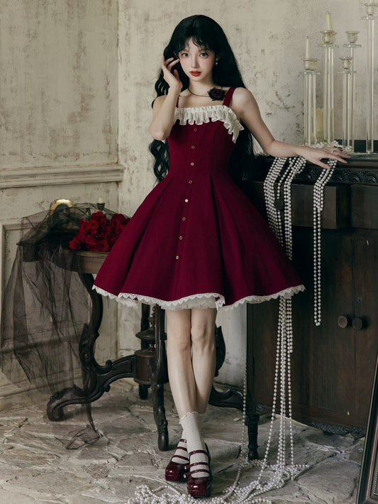Red Slim Fit Waist Elegant Lolita Fashion Dress