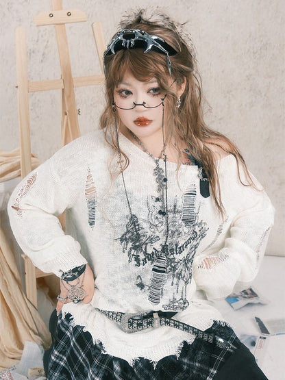 Plus Size White Asymmetrical Neck Knit Top with Butterfly Print & Distressed Details