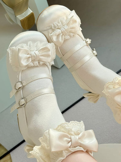 Satin-Finish PU White Sweet Lolita Mary Janes - Ruffled Lace with Bow & Double Buckles