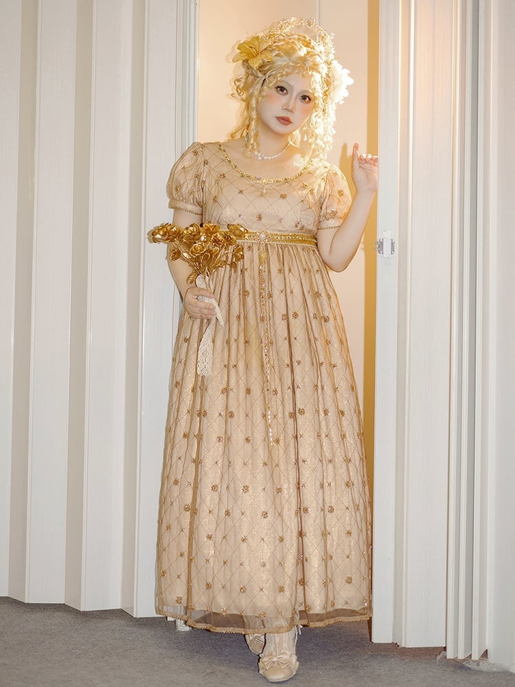 Allover Beaded Design Champagne Diamond Pattern Empire Waist Elegant Lolita One Piece Long/Short Version