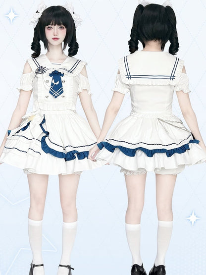 Sailor Collar Cutout Shoulder Top with Tiered Skirt White and Blue Preppy Style Idol Full Set