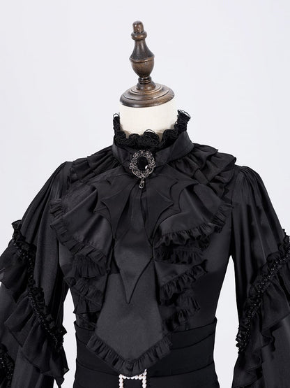 Black Gothic Bat Wings Cascading Ruffle Jabot Tie