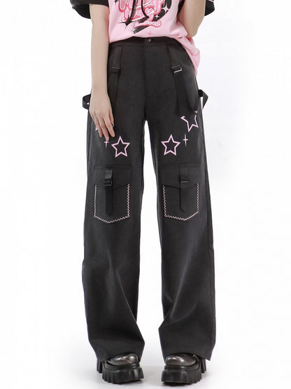 Stars Print Dark Gray Jeans with Straps
