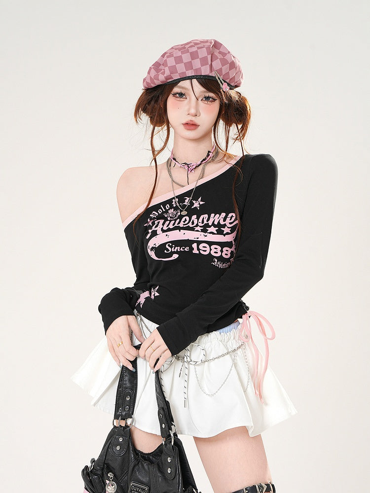 Black/White Asymmetrical Neckline Drawstring Waist Graphic Top