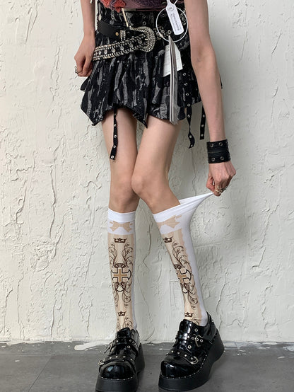 White Y2K Cross And Bowknot Print Underknee Stockings