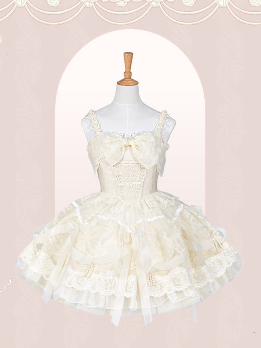 Creamy White Princess Basque Waist Lolita Dress Beads and Ribbon Bows on Skirt
