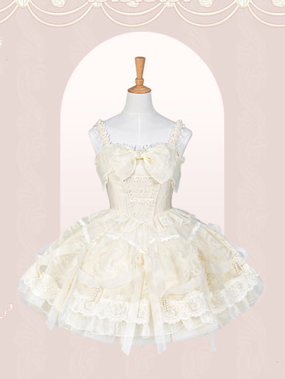 Creamy White Princess Basque Waist Lolita Dress Beads and Ribbon Bows on Skirt