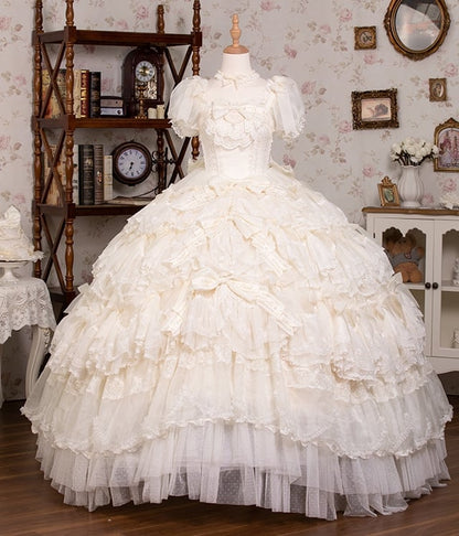 Gorgeous Hanayome Lolita Creamy White Bow Accents Wedding Dress / Full Set