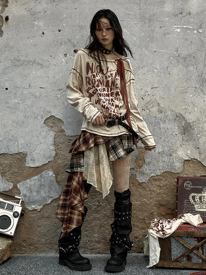 Waist Belt Design Red and Brown Punk Asymmetrical Plaid Skirt with Studs