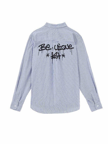 Black Graffiti Letters Blue and White Striped Preppy Unisex Shirt