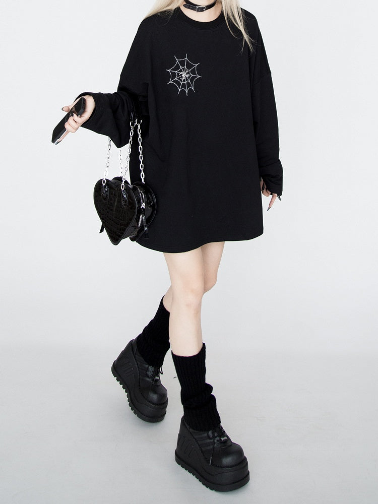 Spiderweb Embroidered Black Sweatshirt with Detachable Metal Spider