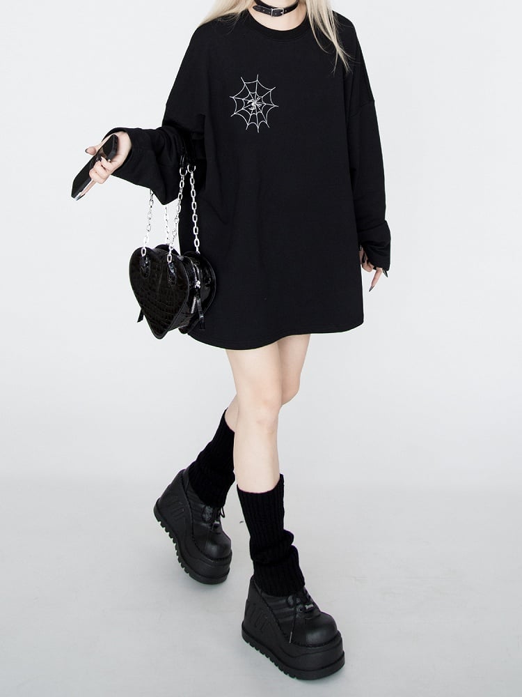 Spiderweb Embroidered Black Sweatshirt with Detachable Metal Spider