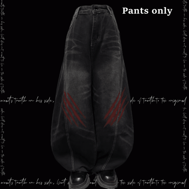 Black Faded Wash Scratch Print Distressed Punk Wide-Leg Jeans