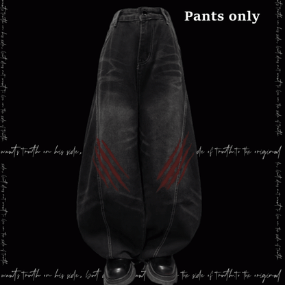 Black Faded Wash Scratch Print Distressed Punk Wide-Leg Jeans