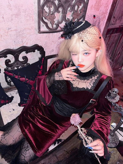 Plus Size Red Illusion Neckline Gothic Velvet Dress