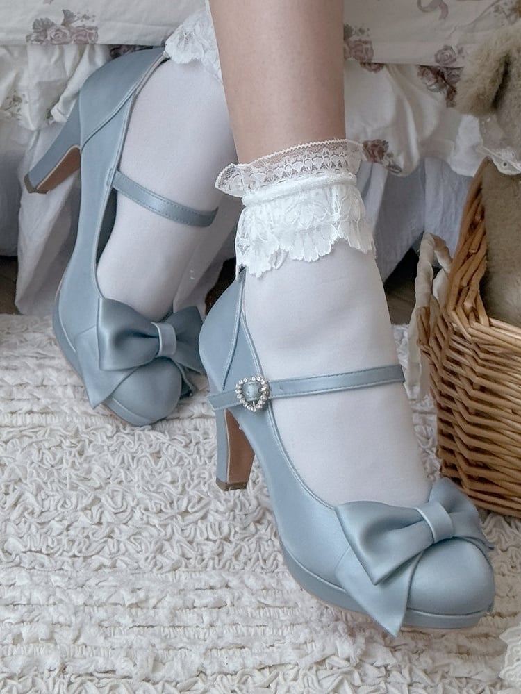 PU Blue Elegant Lolita Heels - Crystal Heart Buckle with Bow Accents