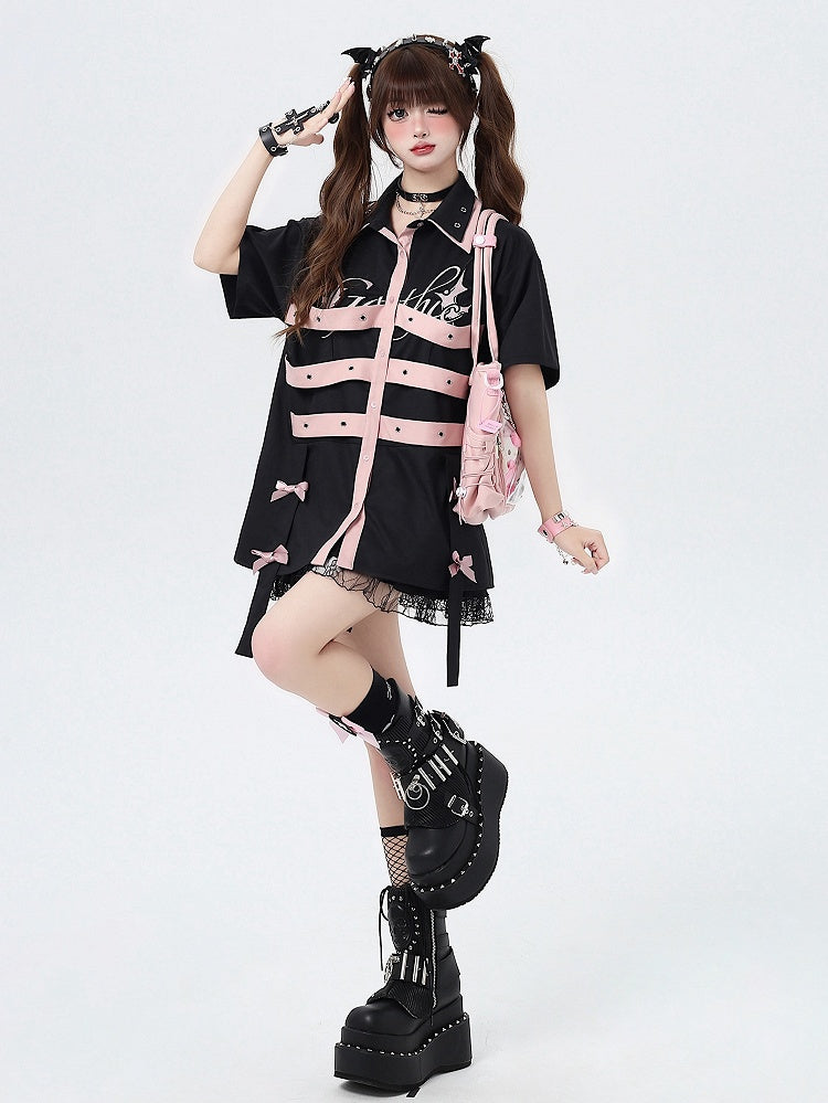 Bowknot Details Black Cyberpunk Short Sleeves Shirt