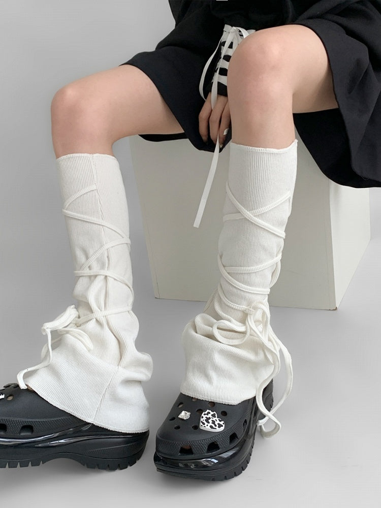 Self-tie Straps Gray/White Flared Leg Warmers