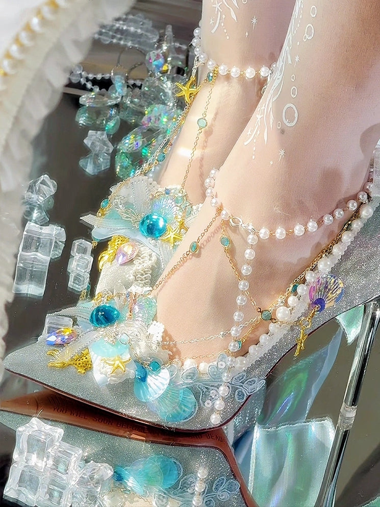 Silver Rhinestone And Beaded Decorated Conch Details Pointed Toe 7.5CM/10.5CM High Heels