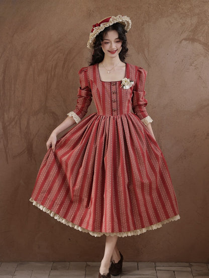Red Vintage Striped Pattern Lace Trim Square Neckline Dress