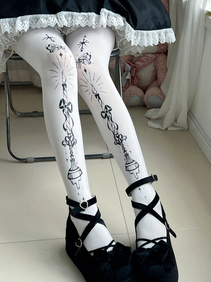 Butterfly and Candelabra Print Gothic Lolita White Tights