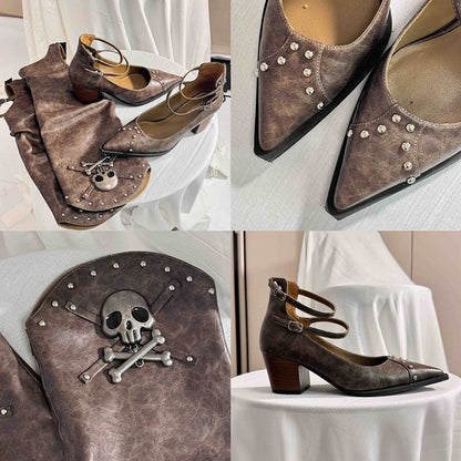 Brown Pointed Toe Gothic Block Heels with Skeleton Decorated Leg Warmers