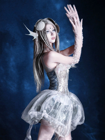 Birdcage Design Hem Shiny Sequins Boning Corset Dress + Jellyfish Overlay