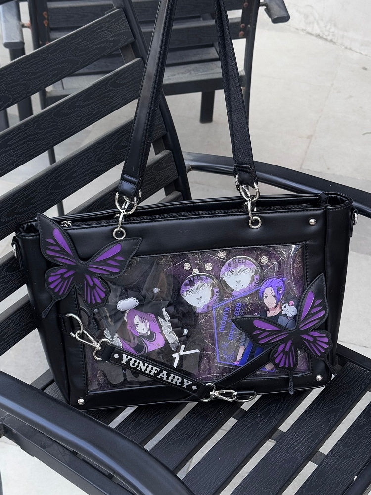 Purple Detachable Butterfly Spiderweb Detail Black Ita Shoulder Bag