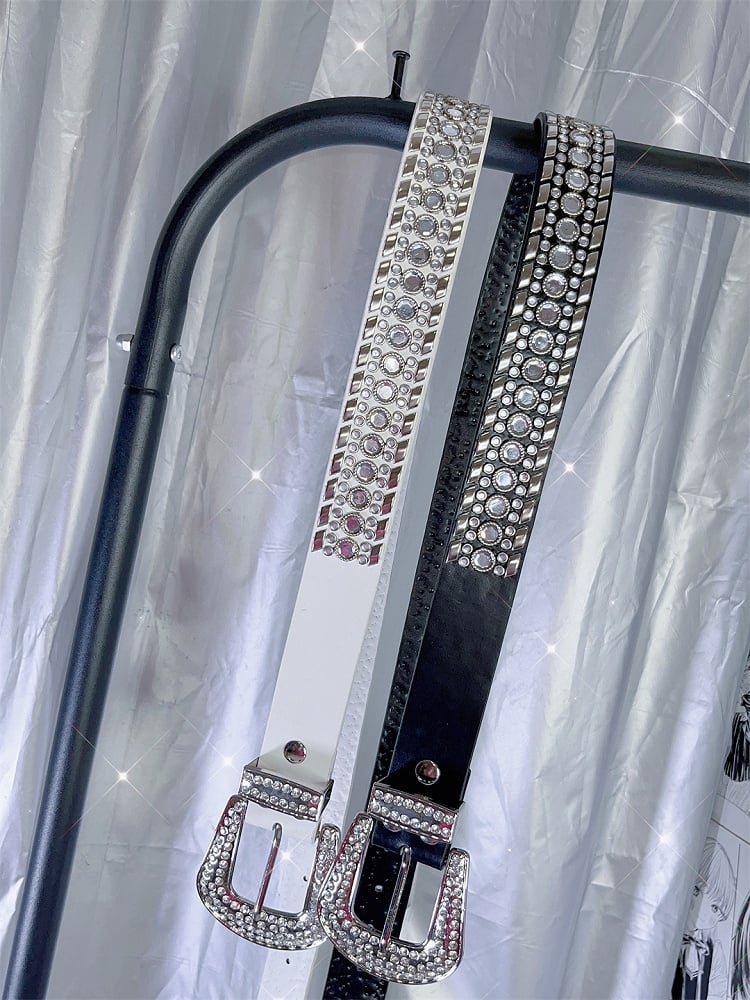 Black/White Punk Rhinestone Decorated Studs Details Waist Belt