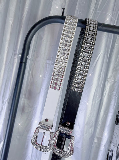 Black/White Punk Rhinestone Decorated Studs Details Waist Belt