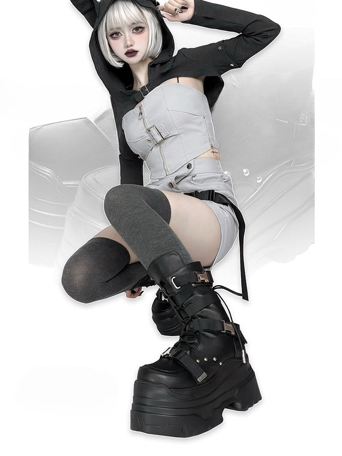 Matte Black Punk Stud Bandage Design Lace-up Details Platform Boots