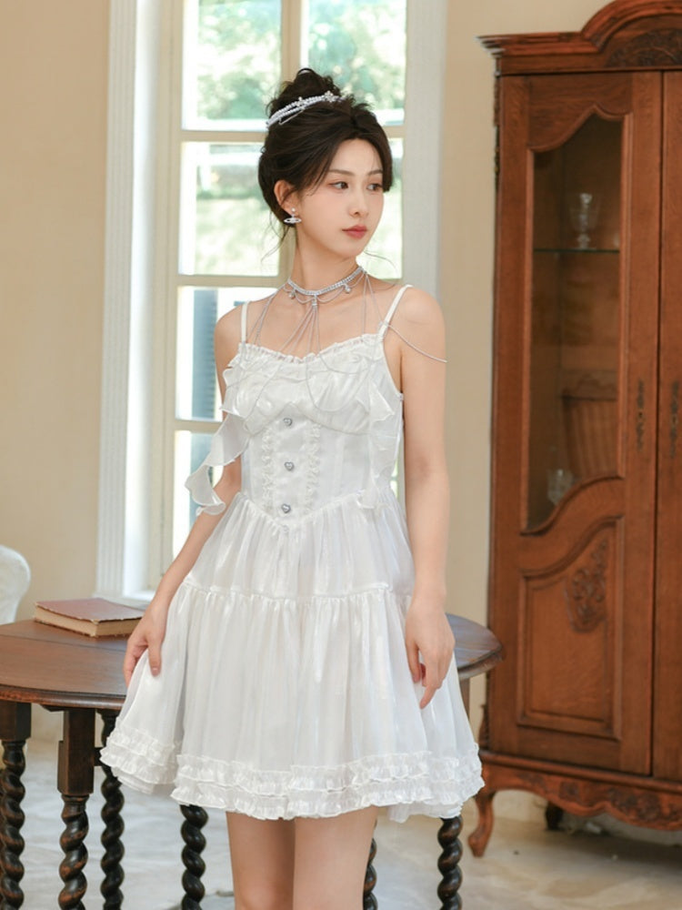 White Satin Shiro Lolita Dress with Detachable Balloon Sleeves and Train