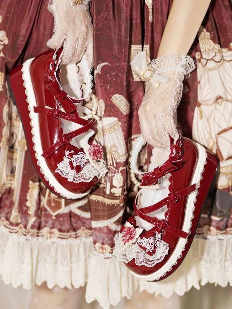 Red Floral Design Bow at Top Lace Trim Heart Buckle Platforms With Detachable Beaded Chain