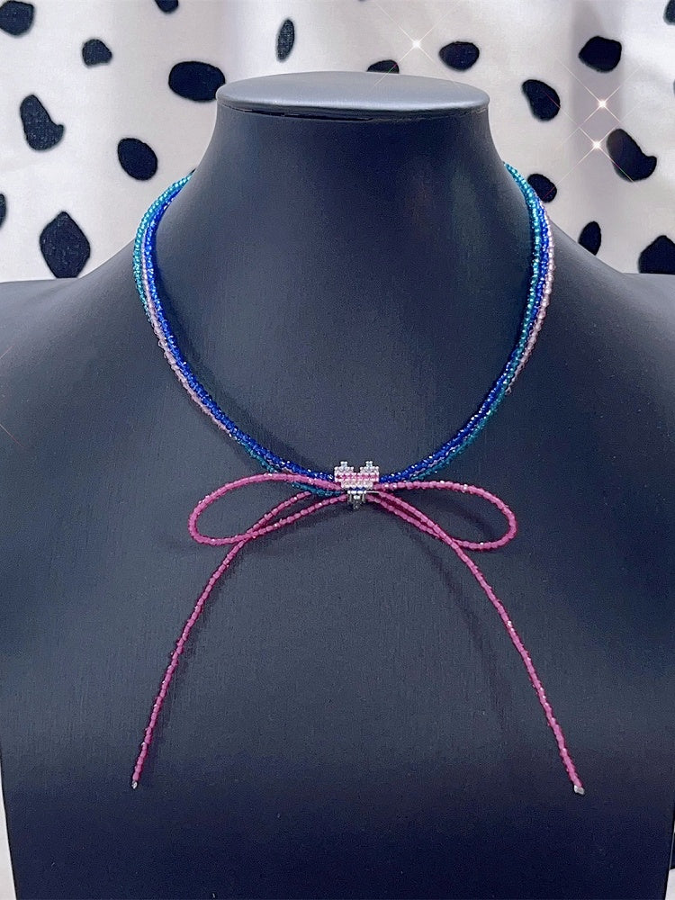 Colorful Y2K Heart Decorated Bowknot Design Beaded Choker