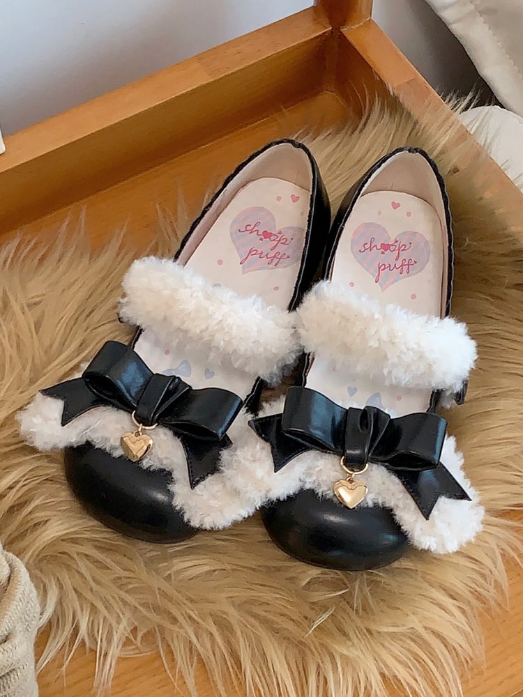 Plush Velcro Strap Black Bow at Top Flats