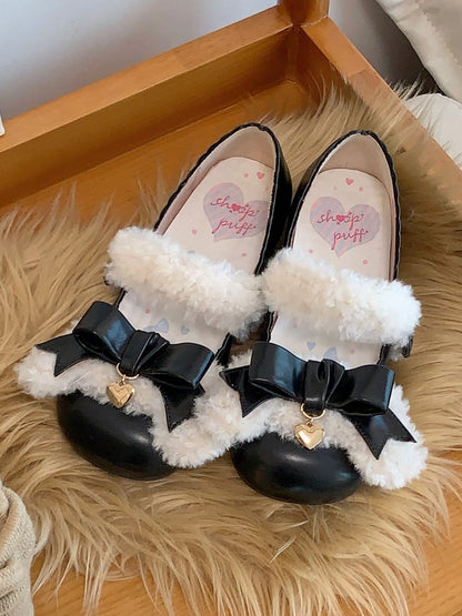 Plush Velcro Strap Black Bow at Top Flats