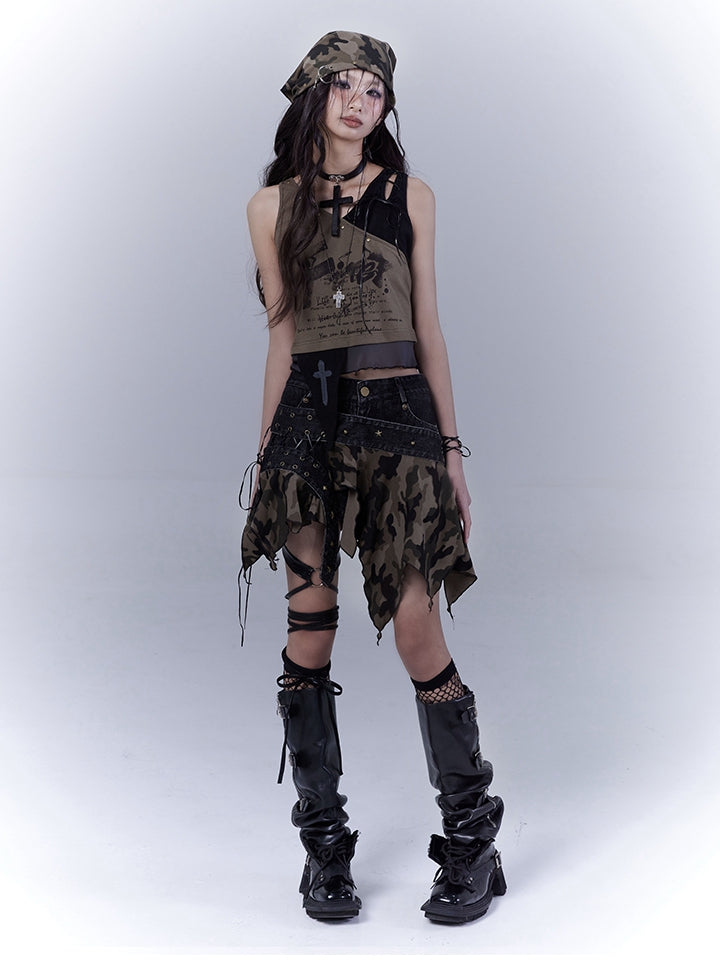 Army Green Lace-up Shoulder Asymmetrical Hem Wasteland Punk Tank Top